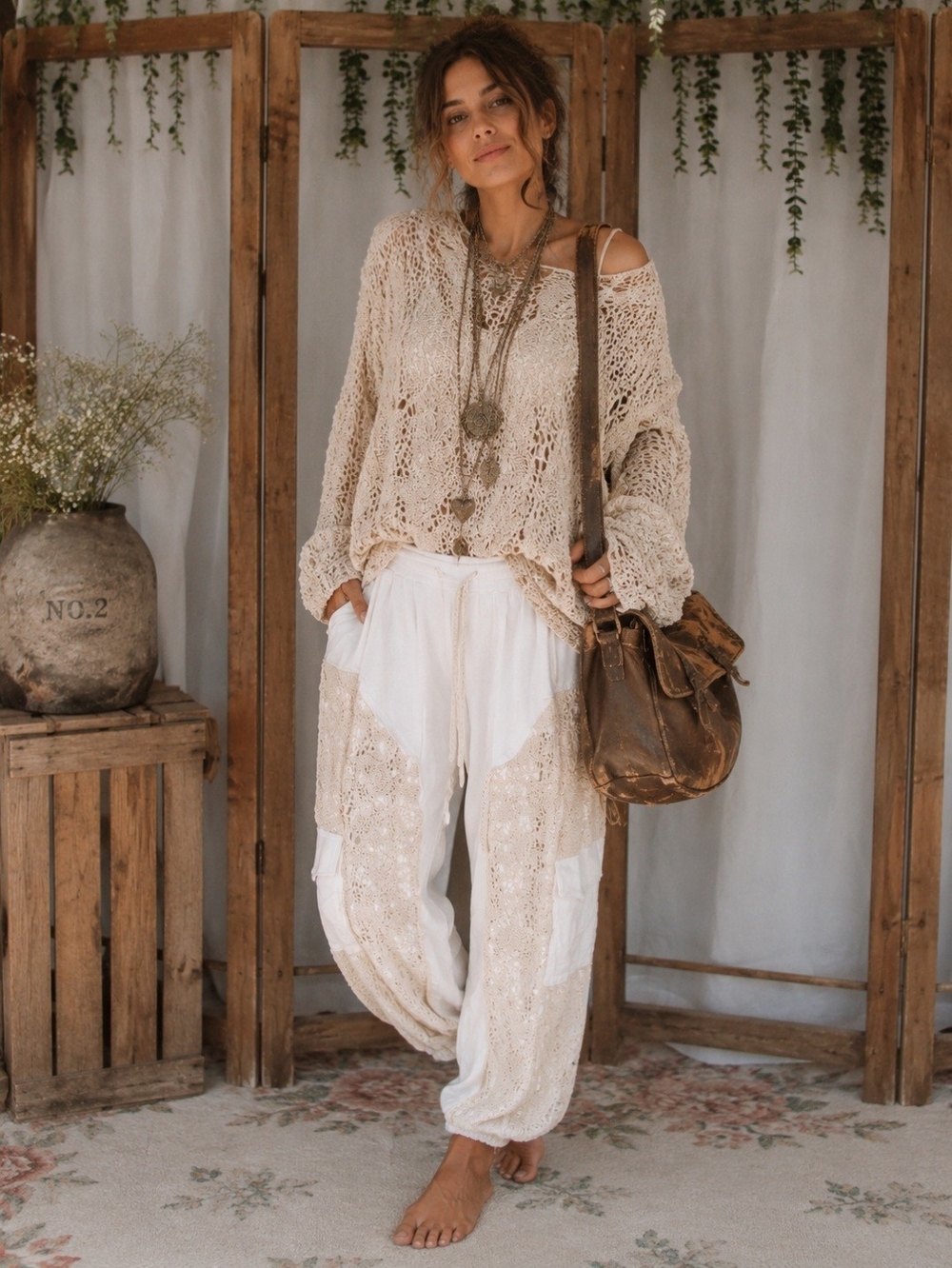 POL Lace Patchwork Boho Harem Pants White Crochet Cargo Joggers Medium